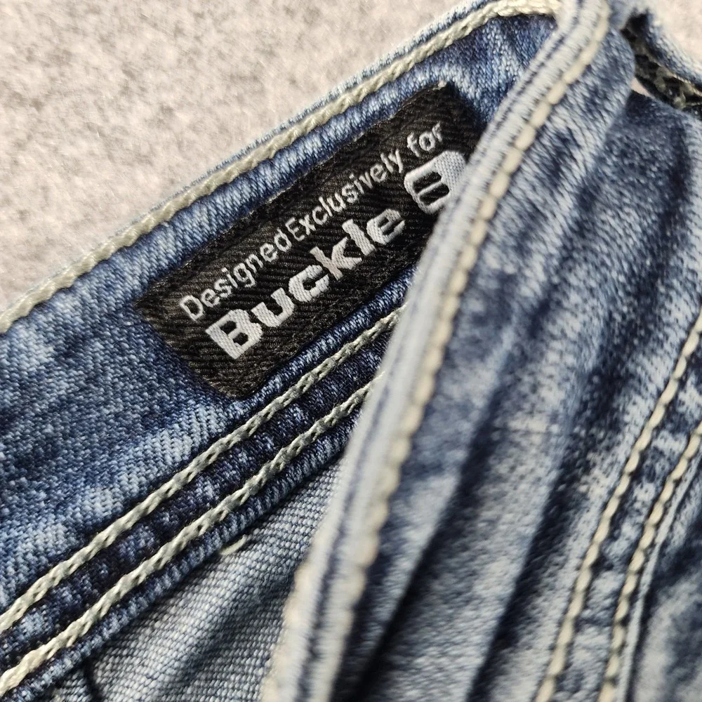 Salvage Mayhem Skinny Blue Distressed Buckle Whiskered Jeans Mens 30x30